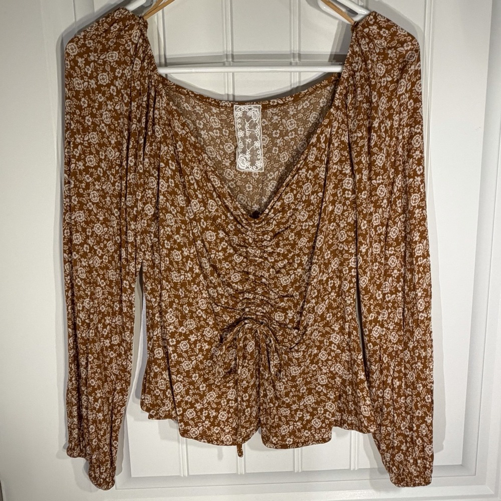 Women's Boho Floral Ruched Top Brown Long Sleeve Cottagecore Peasant‎ Blouse